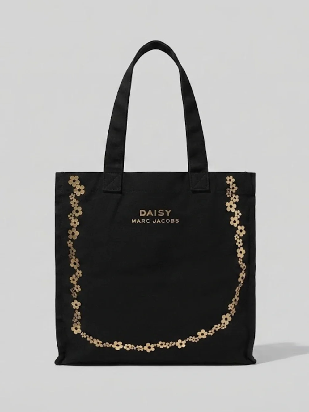 Daisy Marc Jacobs Black Canvas Tote Metallic Gold Logo & Floral Print